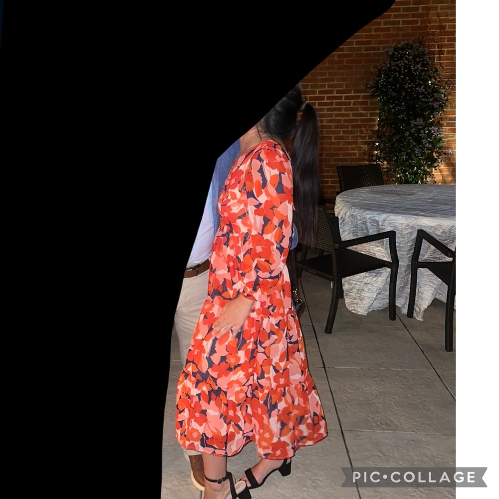 Orange, red and blue midi dress
